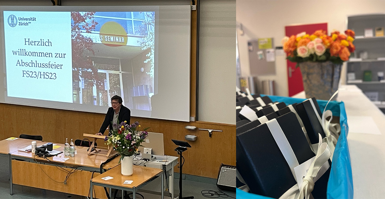 Links Sabine Schneider hinter dem Podium, rechts eine Schachtel mit kleinen verpackten Geschenken und dahinter ein Blumenstrauss.