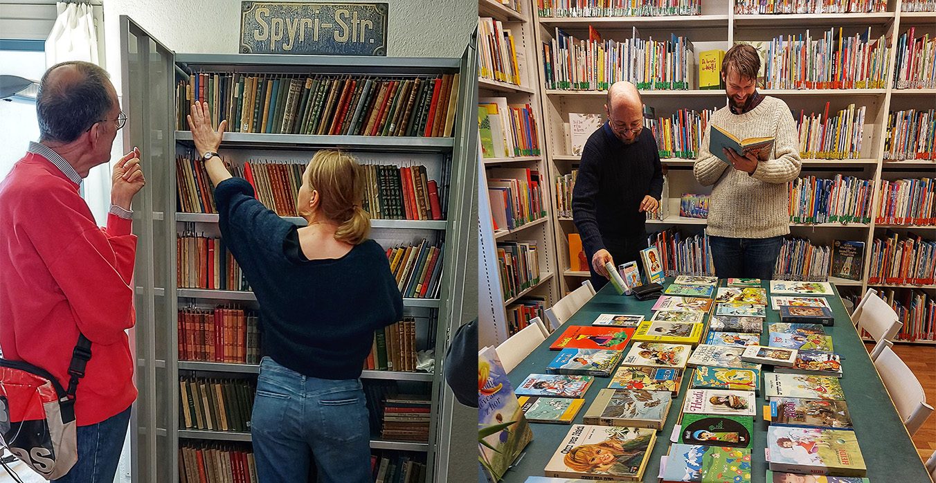 Volle bunte Bücherregale, die Besucherinnen und Besucher stehen davor.